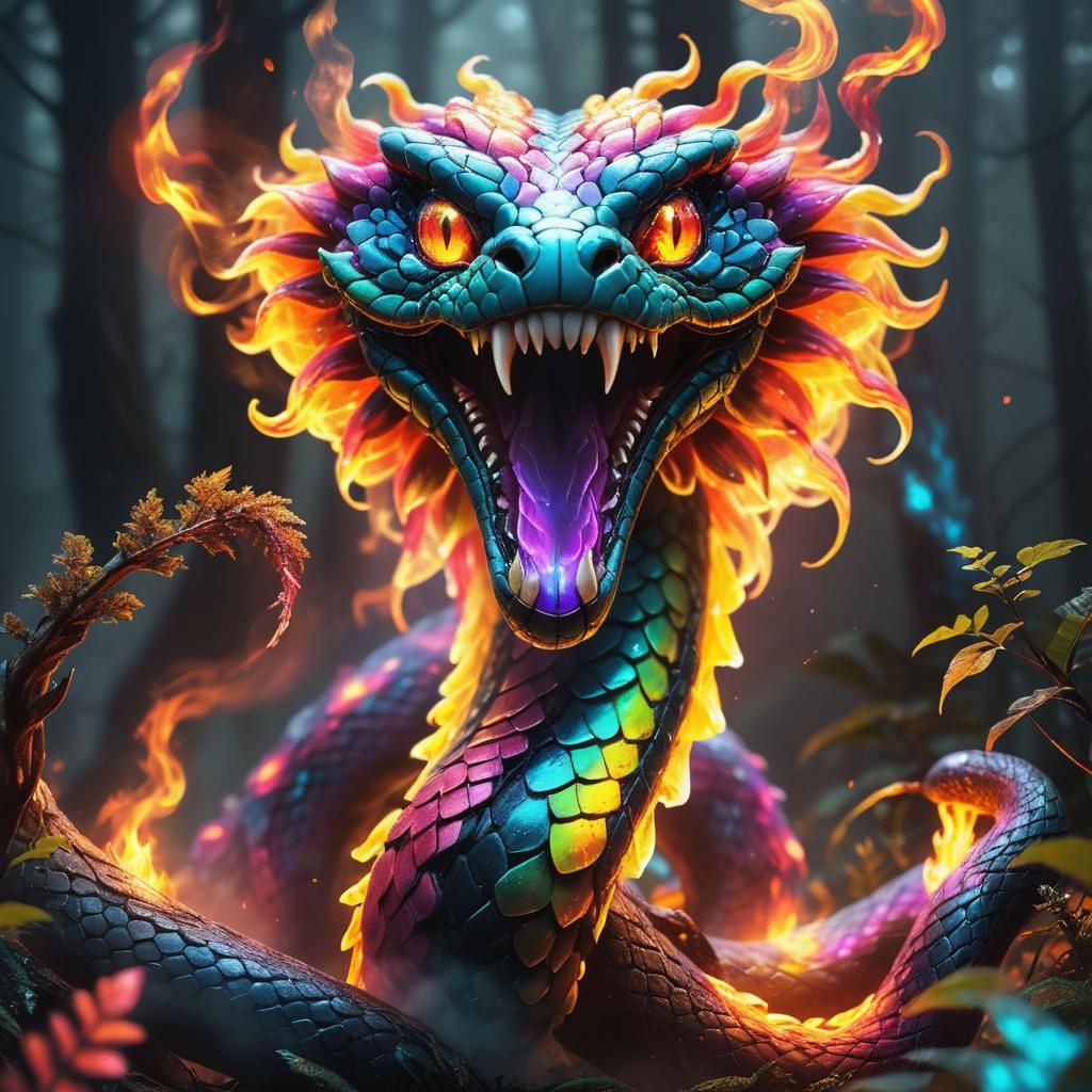 Bioluminescent Rainbow Serpent in Misty Forest