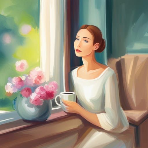 Woman at Window with Coffee and Flowers