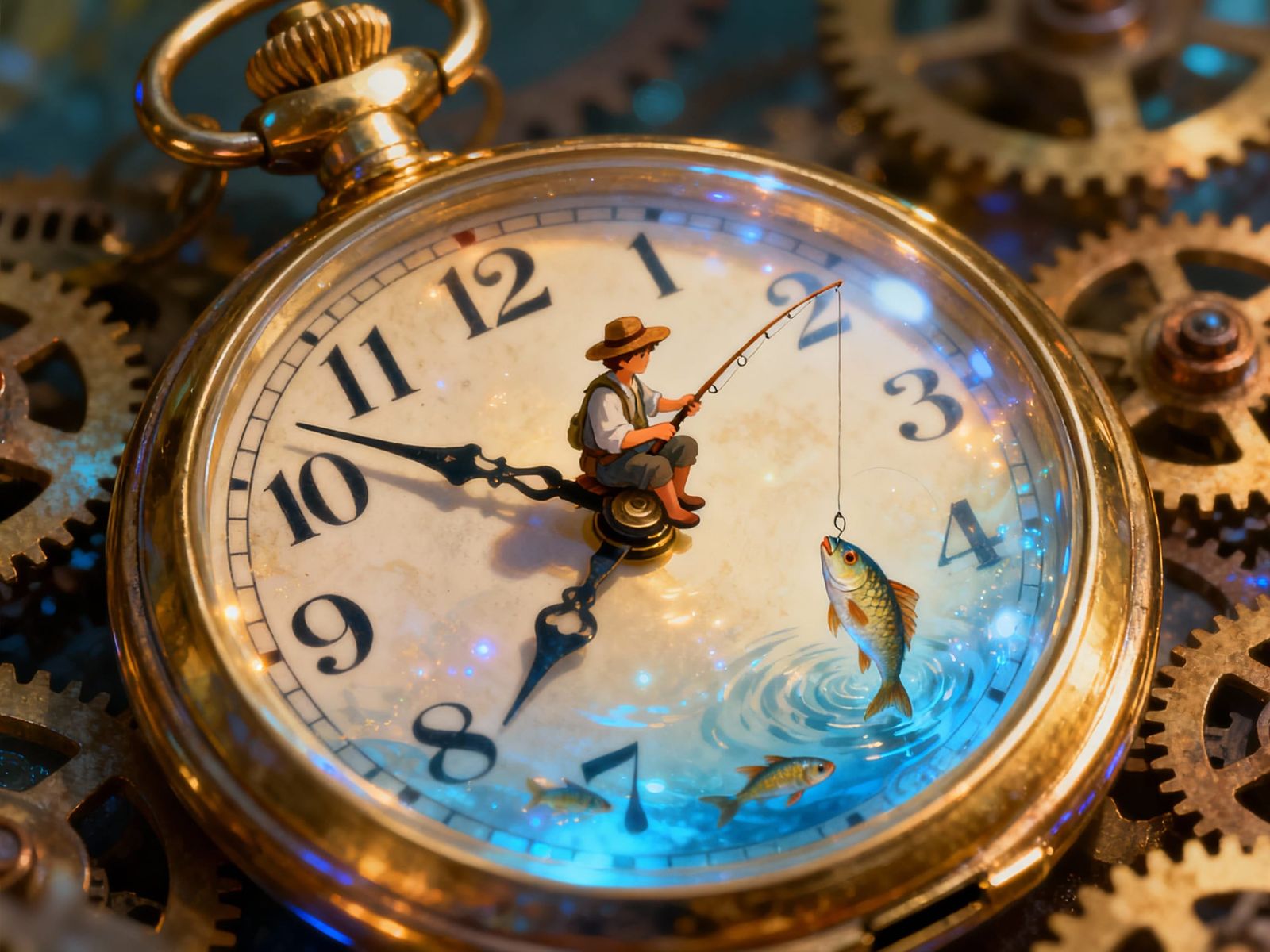 Magical Pocket Watch Scene: Fisherman Catches Numbers