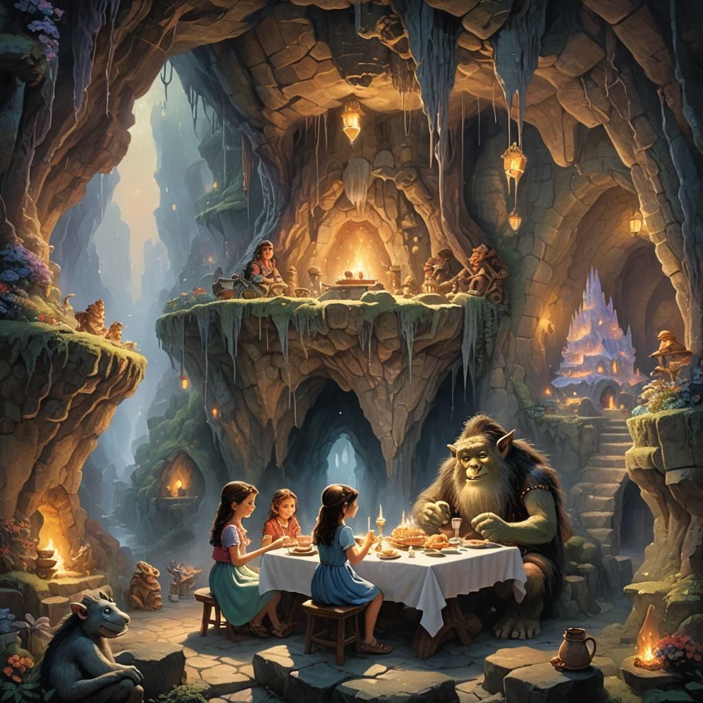 Troll Family Dinner with Little Girl: Ethereal Fantasy