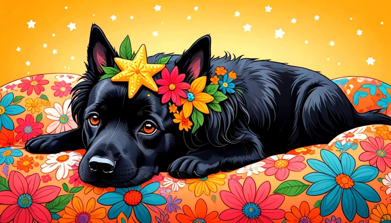 Cute black dog laying on bed