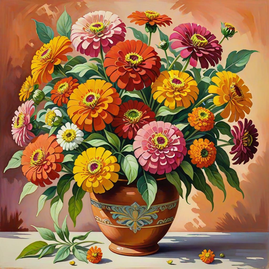 Zinnia Bouquet: An Impressionist Gouache Still-Life