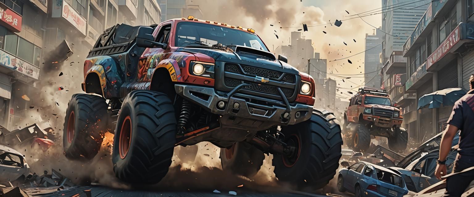 Anime Monster Truck Mayhem in Cel-Shaded Style