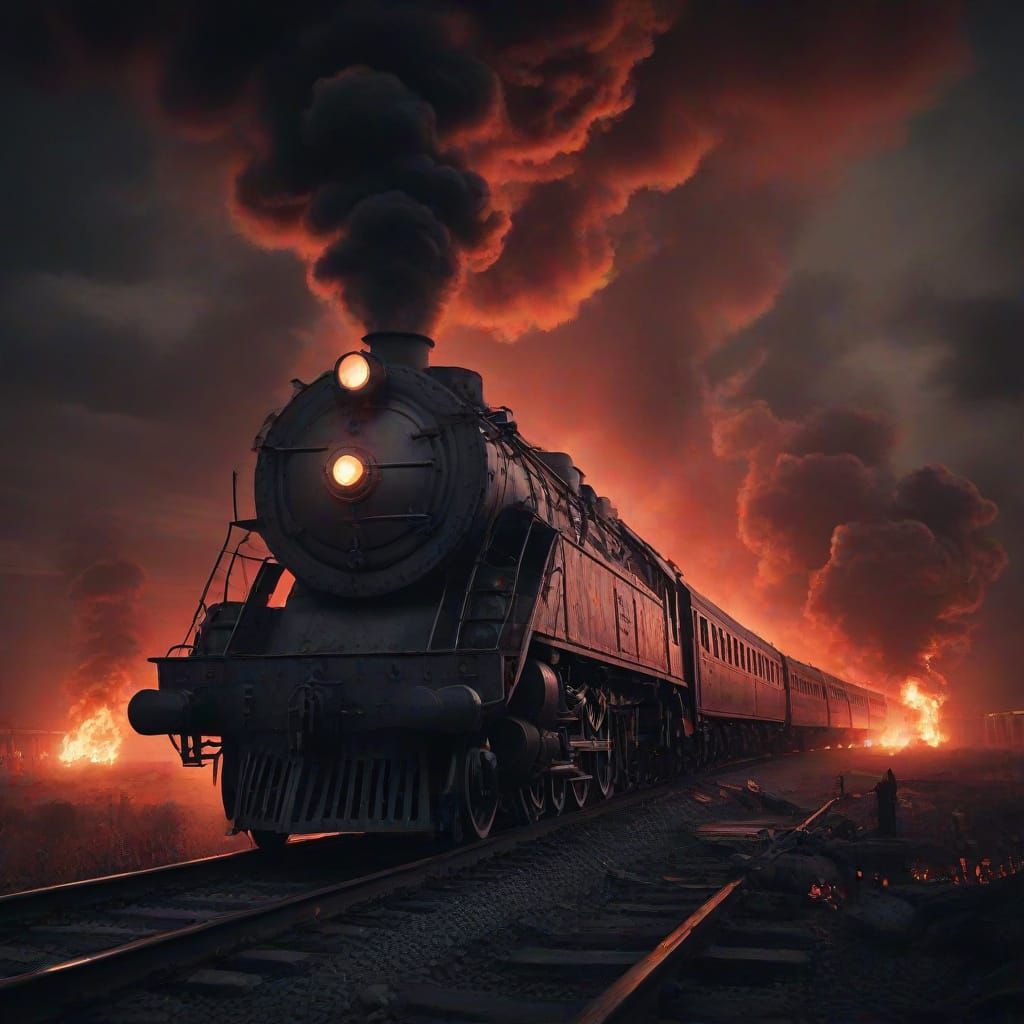 Death Train to Hell Under Blood Moon in Gothic Art