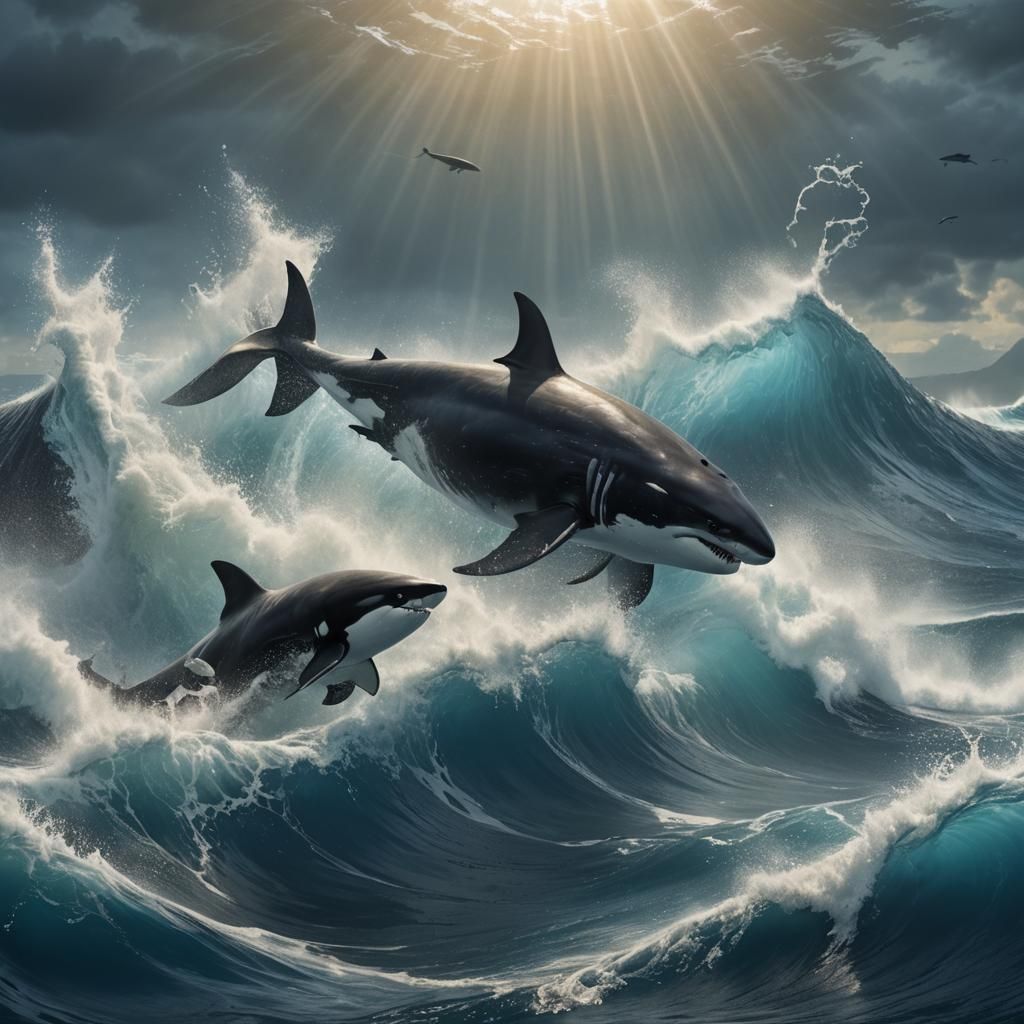 Shark Attack on Orca Whale Underwater Scene