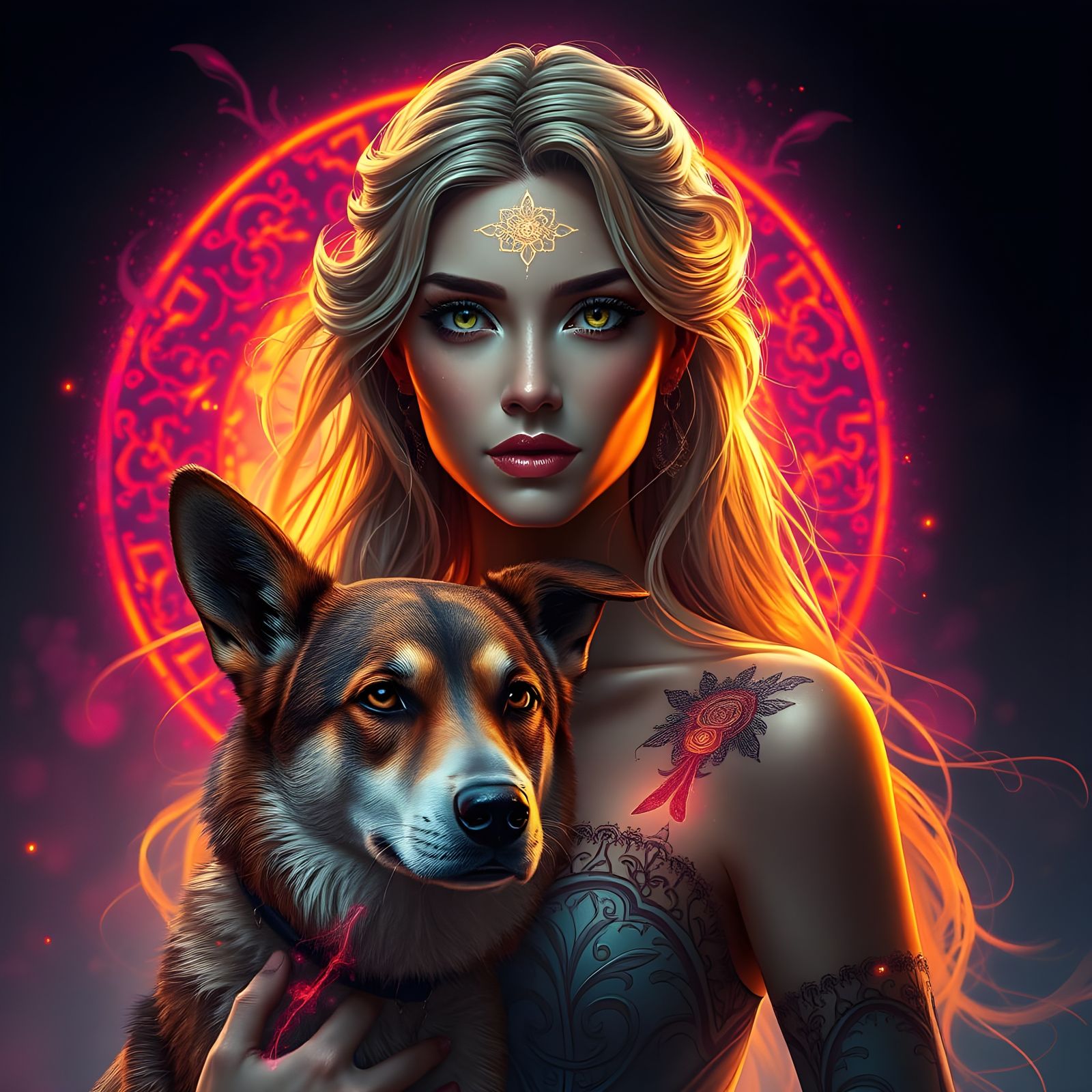 Majestic Woman Surrounded by Ethereal Aura and Loyal Dog in....