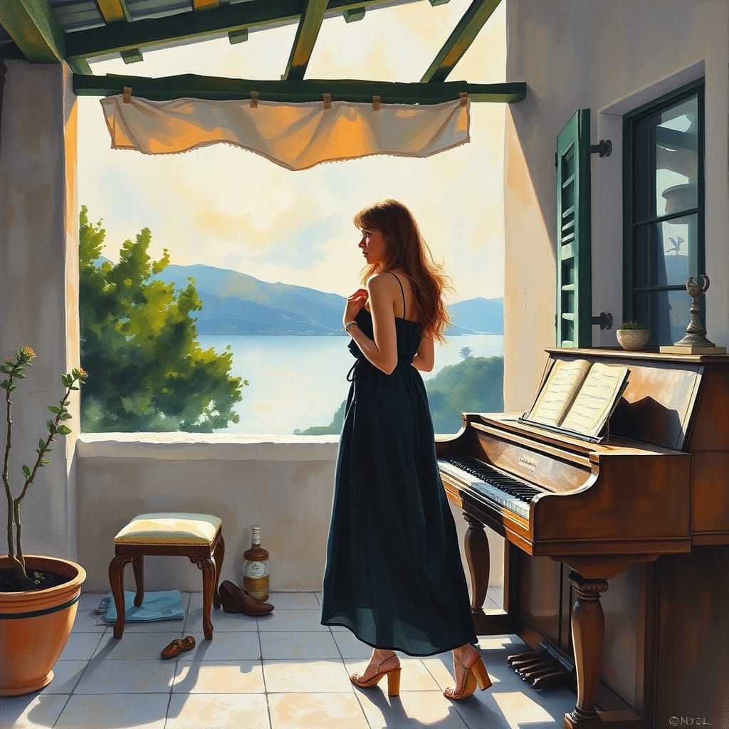 Woman Contemplating Sunset on a Mediterranean Veranda