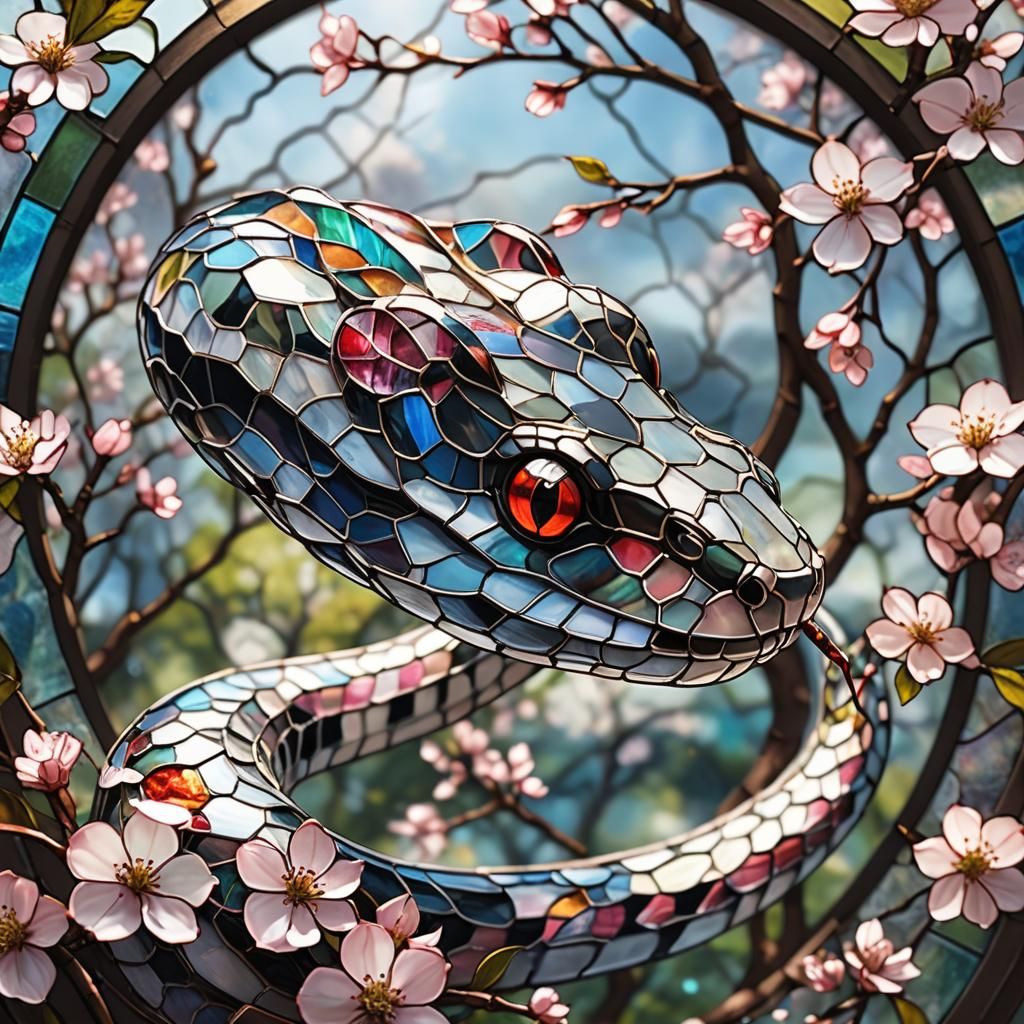 Stained Glass Snake Among Cherry Blossoms