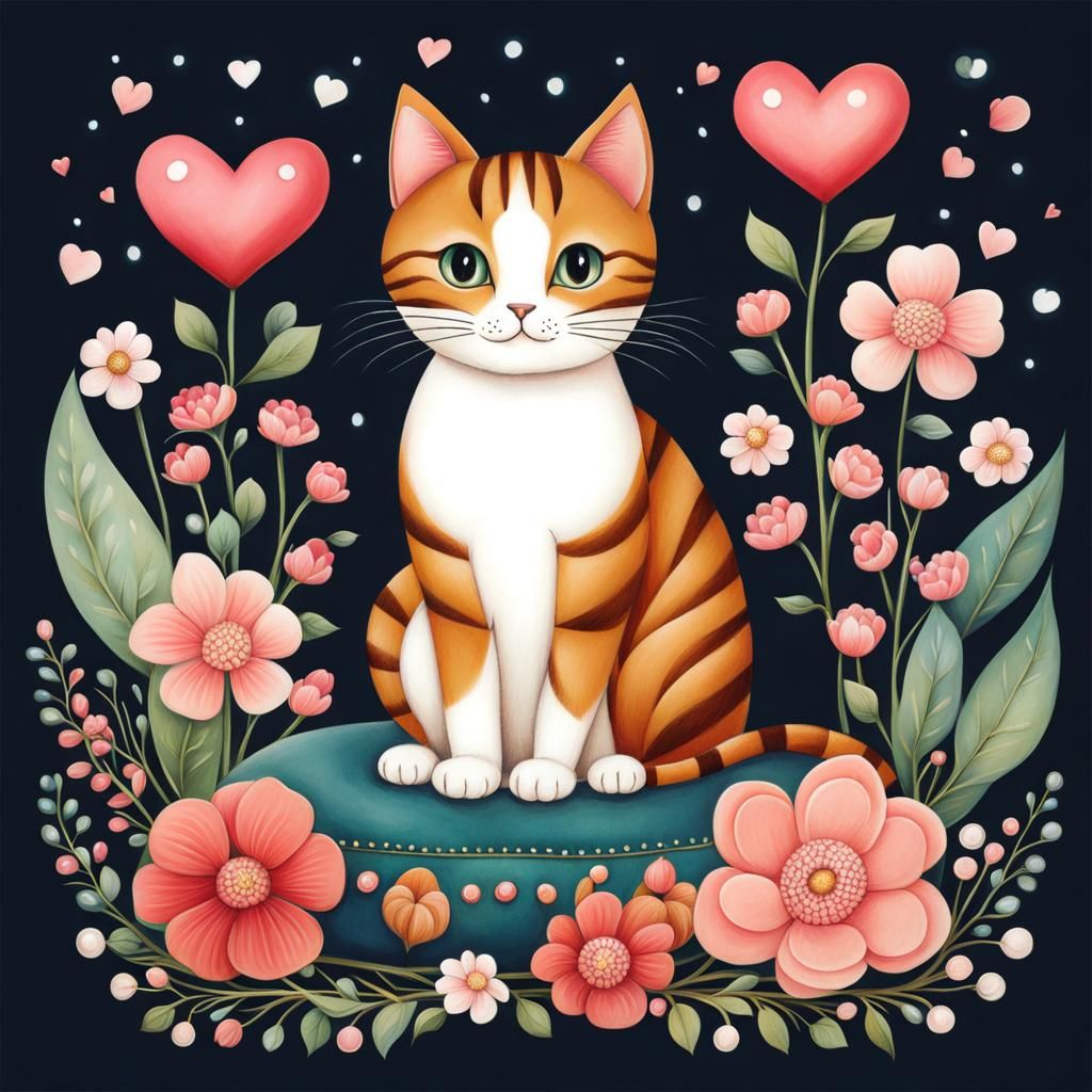 Whimsical Cat with Flowers and Heart Lights