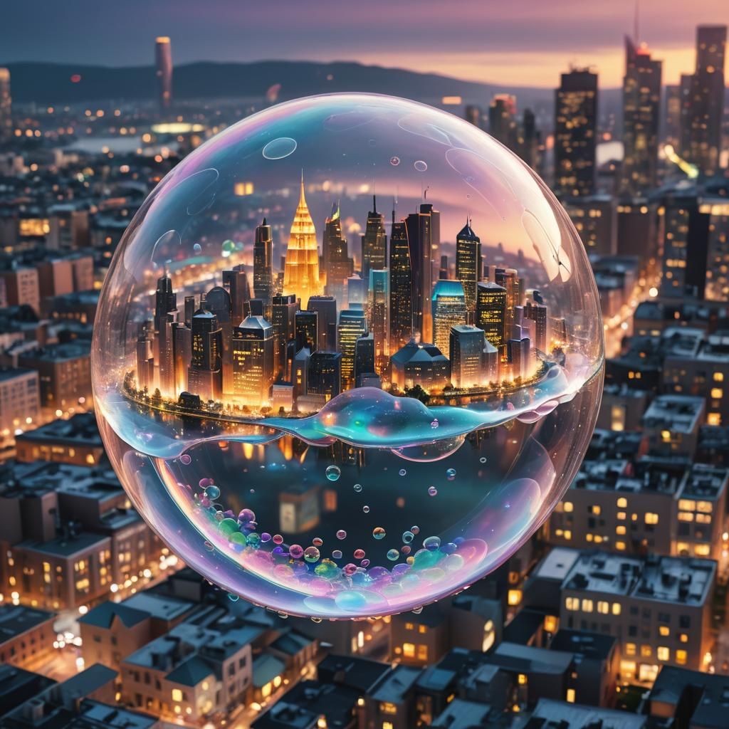 Iridescent Bubble Reflects Futuristic City: Digital Art