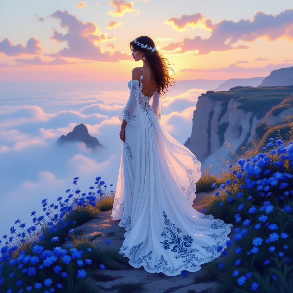 Woman in White Dress with Blue Flowers, Mucha Style