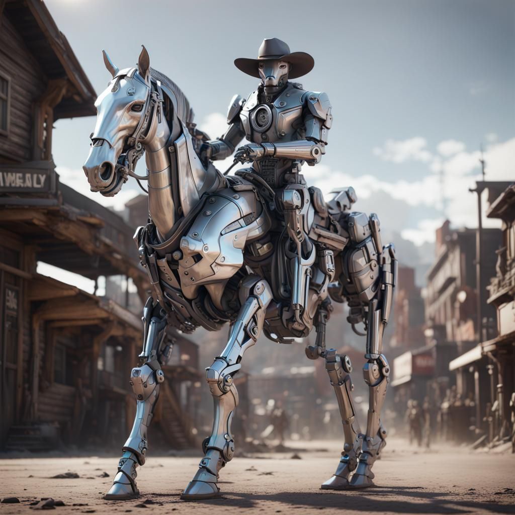 Gray humanoid horse, silver android arms ands legs,cowboy hat, western town