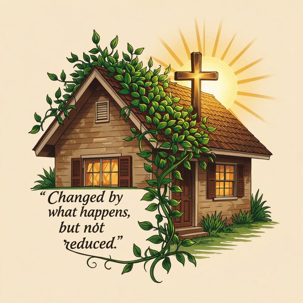 Realistic Tattoo Design: House, Plant, and Holy Cross