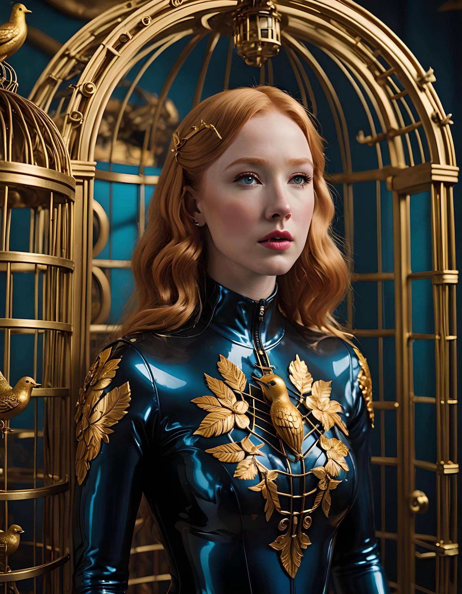 Beauty Trapped: Hyperrealistic Latex in Golden Cage