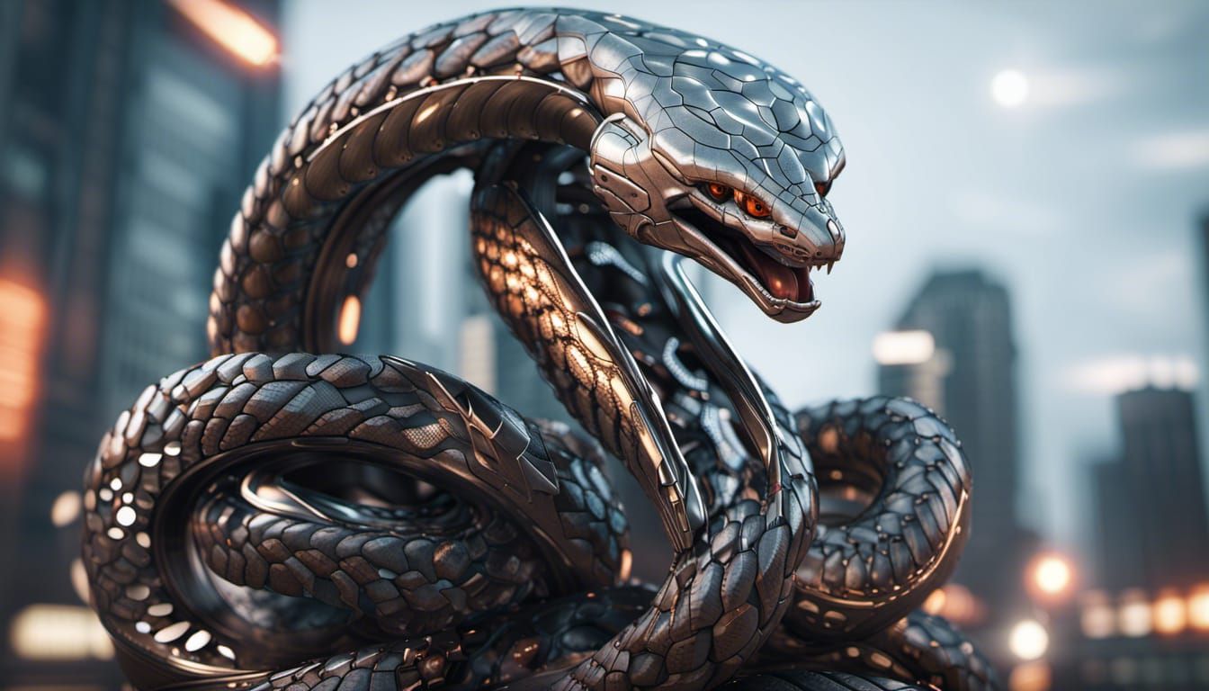 tech style, giant snake, four eyes