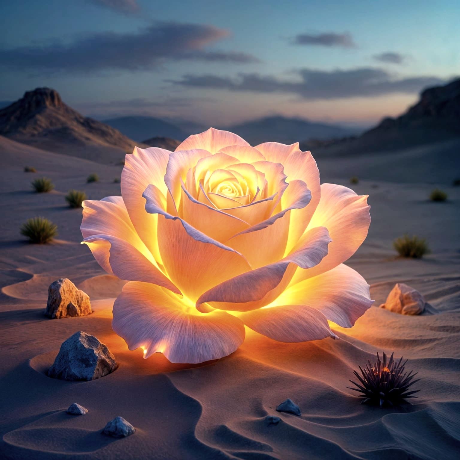 Bioluminescent Rose in Ethereal Desert Landscape