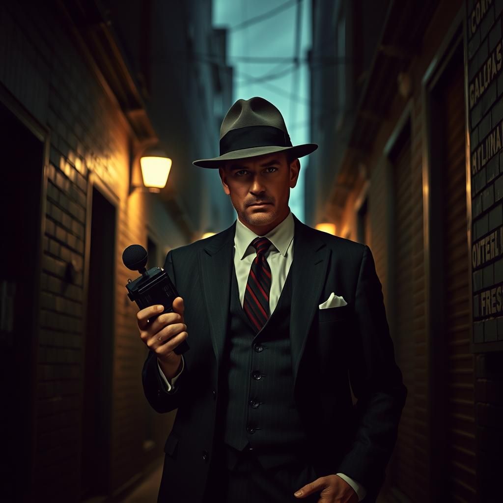 Film Noir Man in Alley with Fedora and Recorder