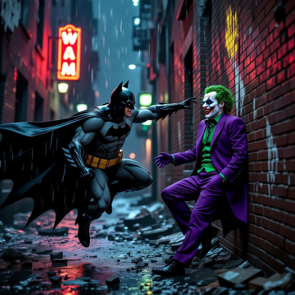 Batman Confronts Joker in Gritty Gotham Alleyway Photo