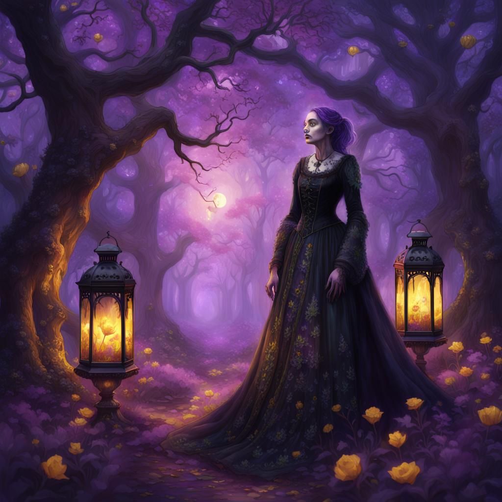 Botanical Gothic Woman in Mystical Forest