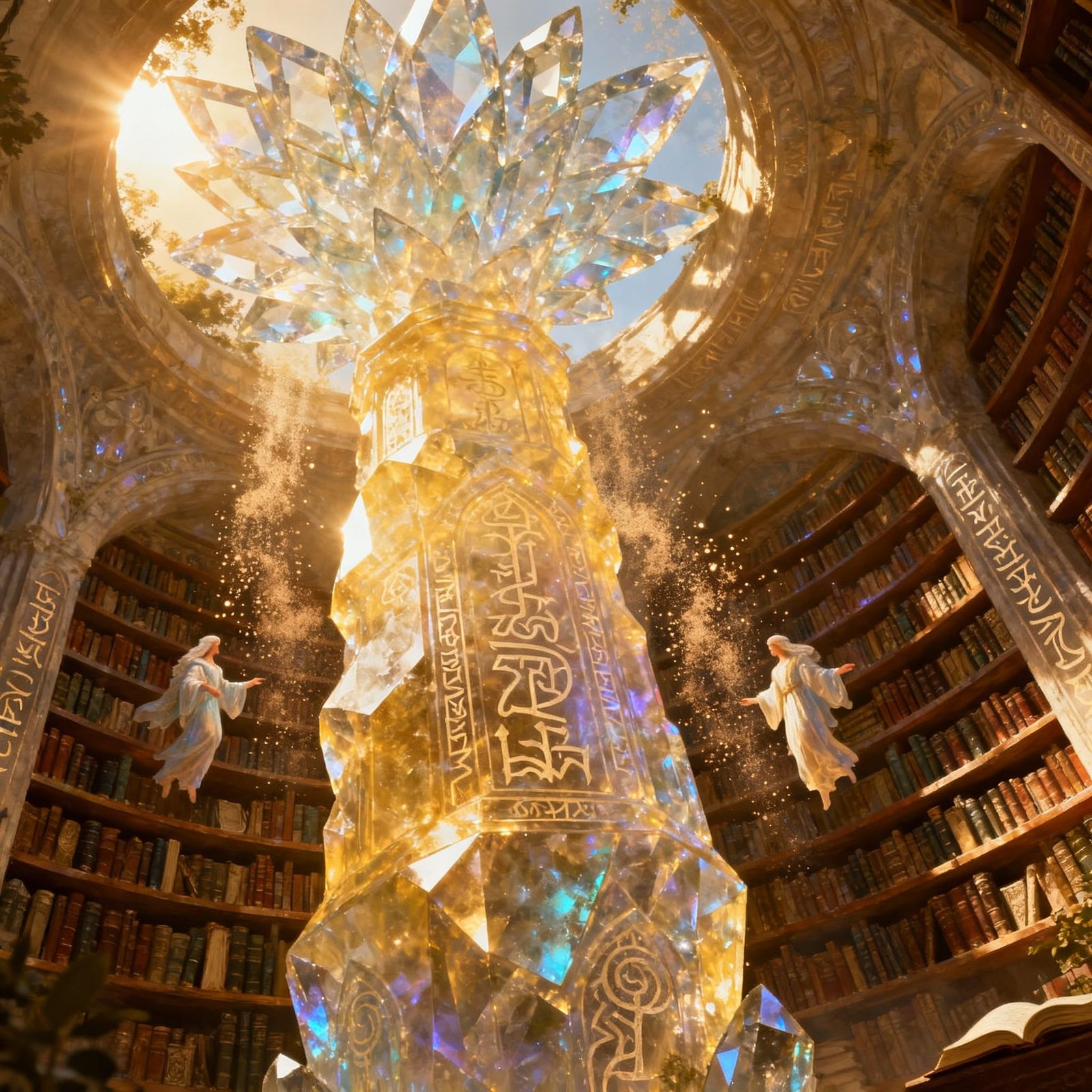 Ancient Crystal Library with Ethereal Scholars