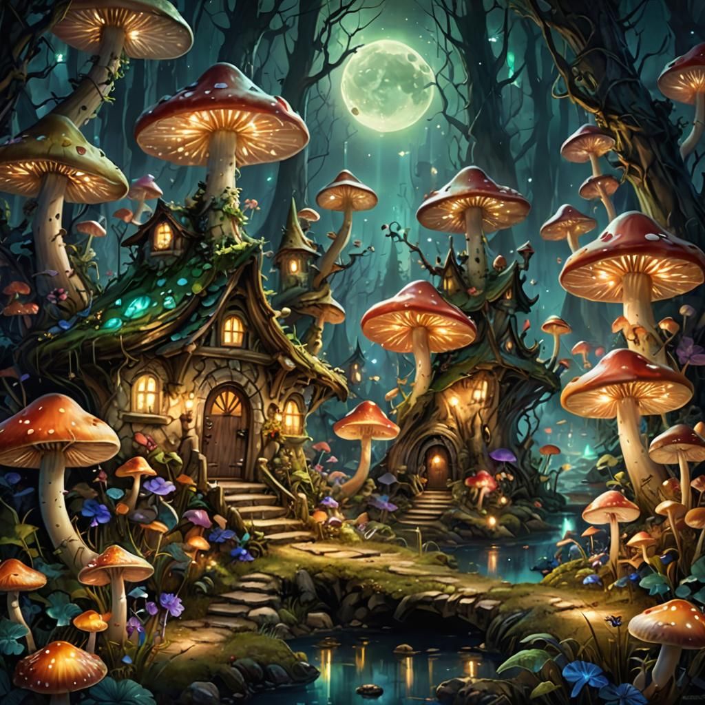 Glowing Mushroom Fairy Village in Moonlit Glade