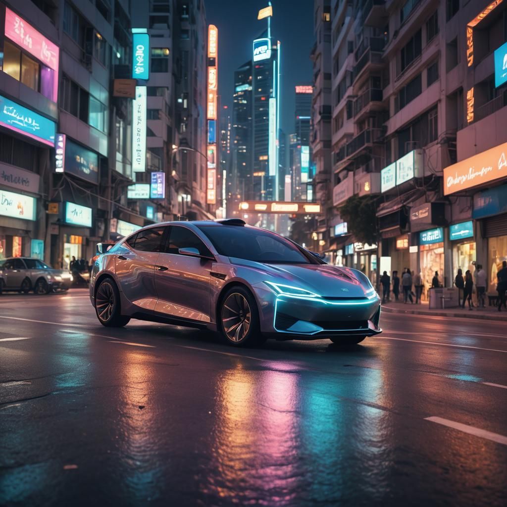 Sleek Vehicle Speeds Through Neon Tel Aviv