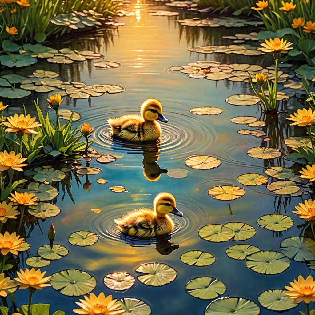 Adorable Duckling in Sunset Pond: Alcohol Ink Art