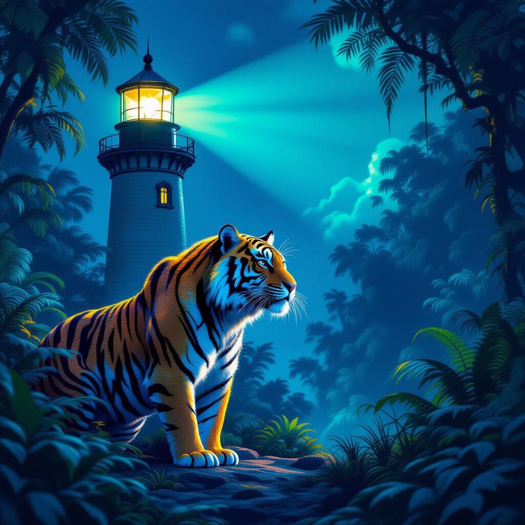 Bioluminescent Tiger Guarding Lighthouse in Sci-Fi Jungle