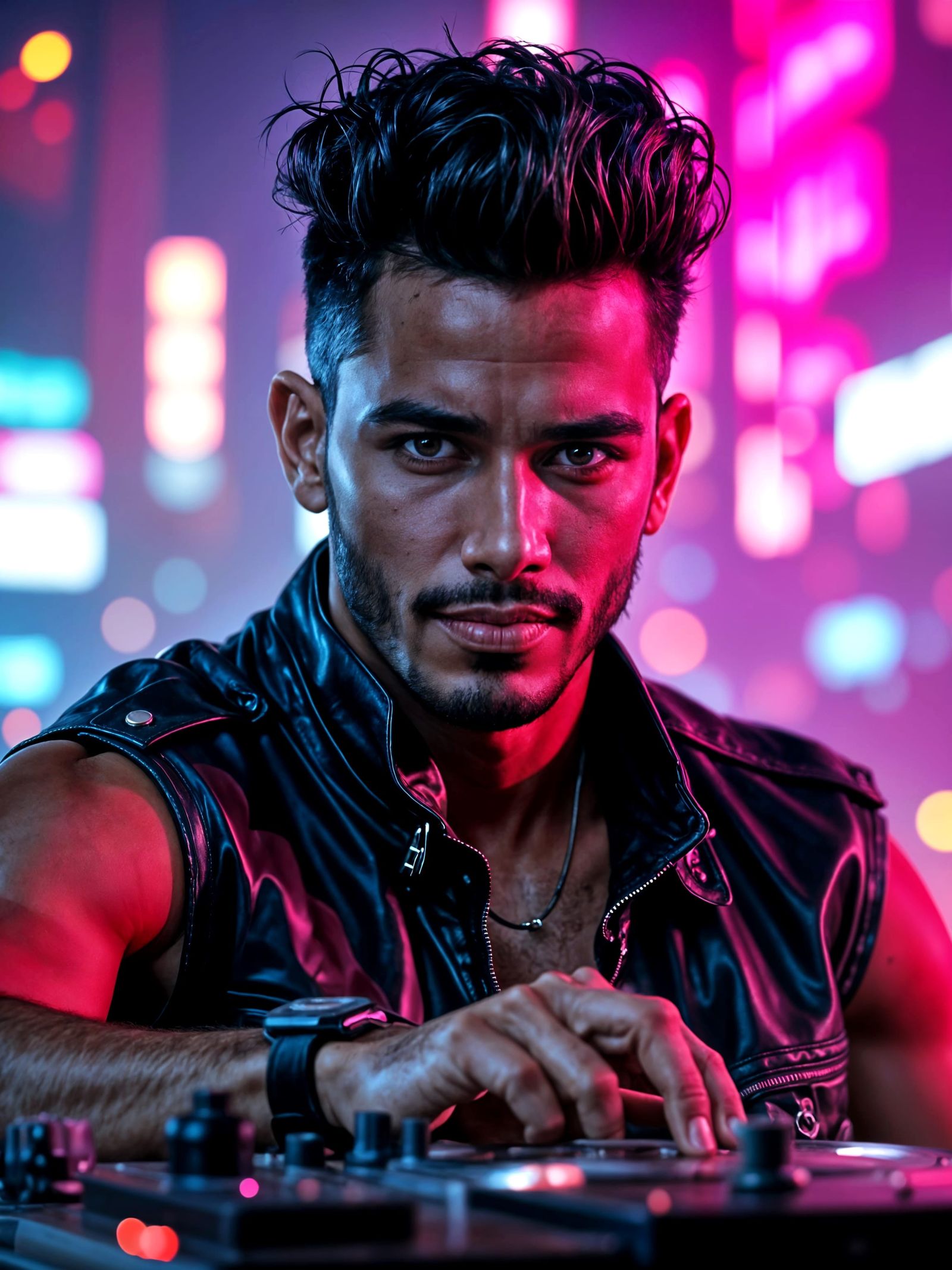 Cyberpunk Mumbai DJ Spinning Vinyl on Rooftop