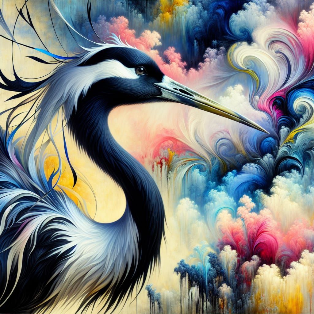 Majestic Black Crane in Vibrant Colors, Magical Realist Styl...
