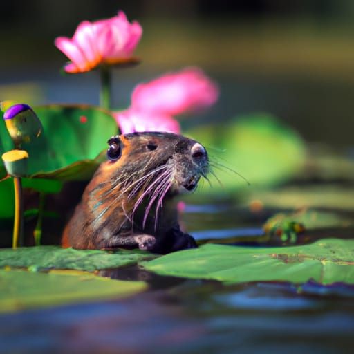 Baby Nutria Surrounded by Lotus Flowers