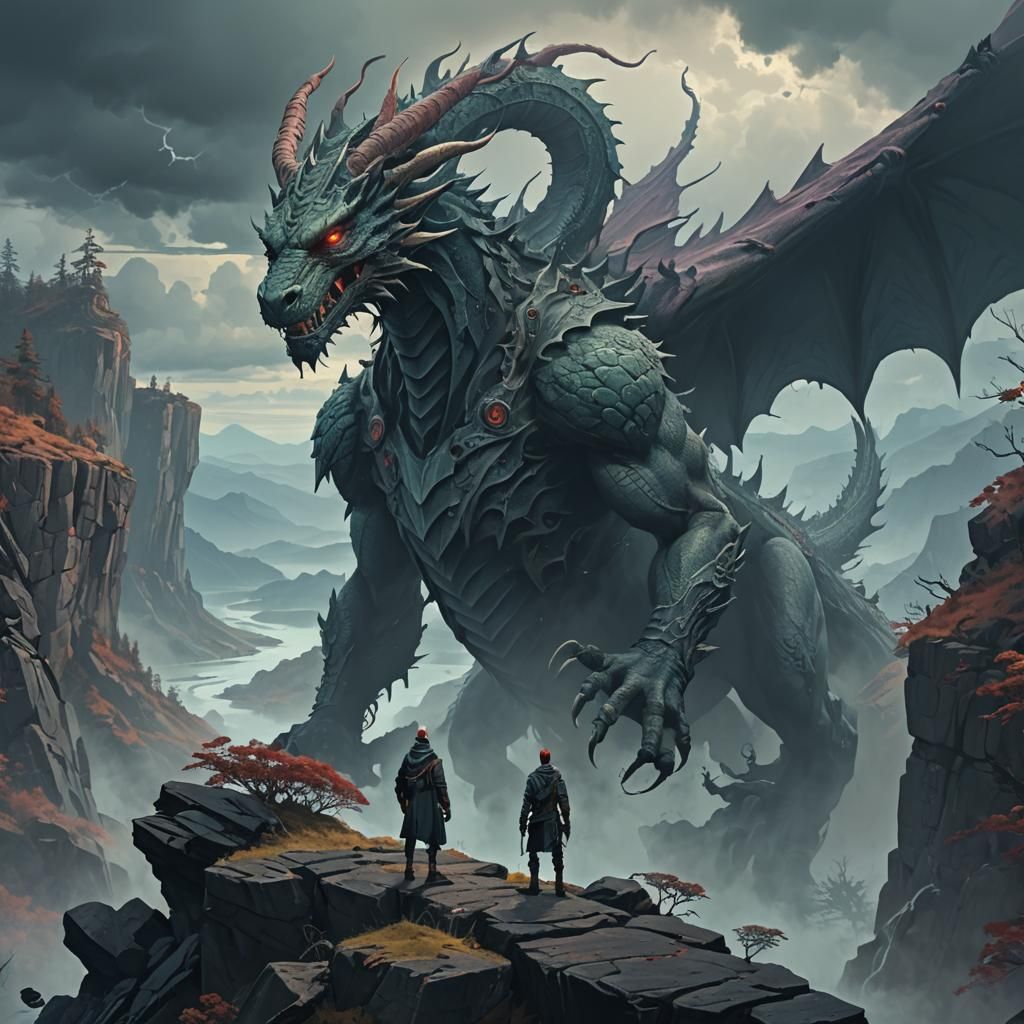 Mystical Dragon Being on Cliff, Matte Painting