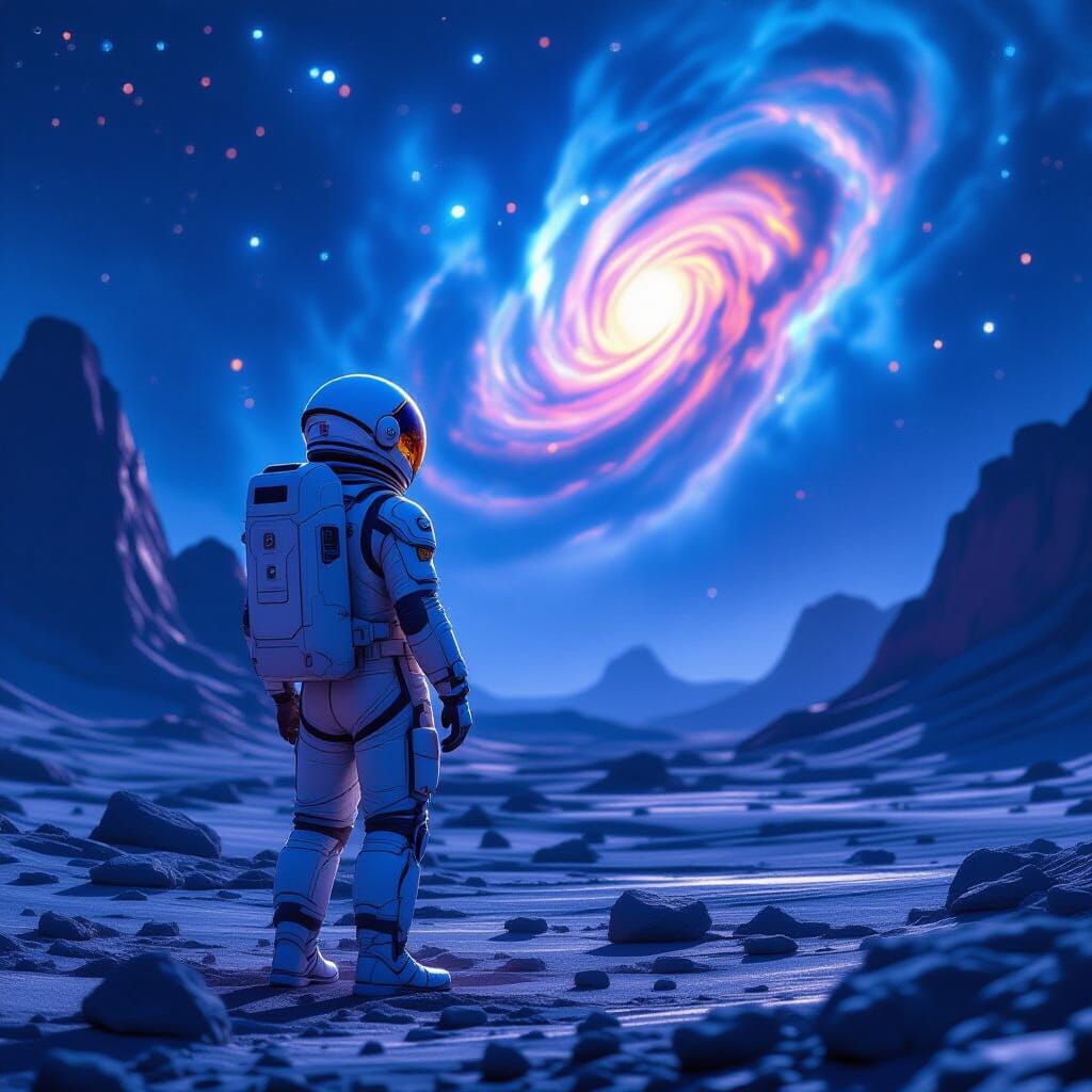 Astronaut on Alien Planet Gazing at Nebula