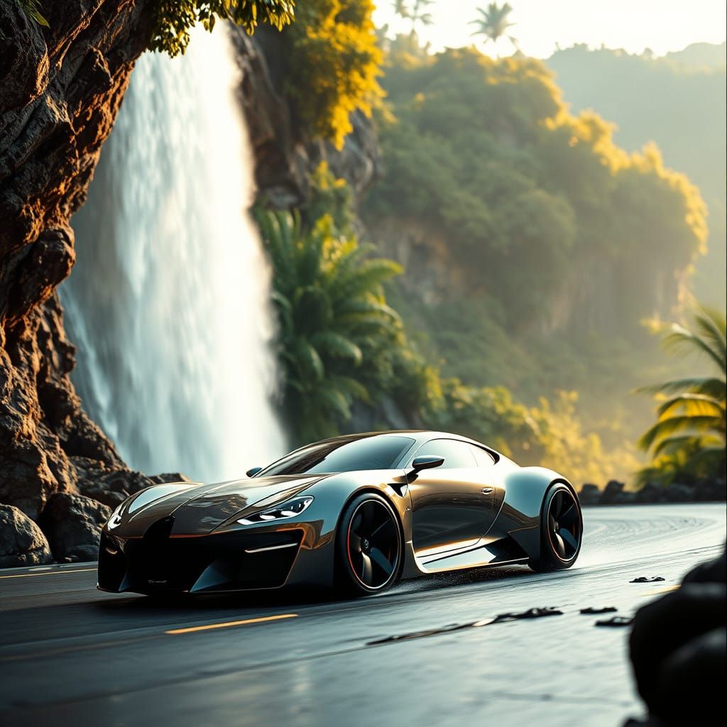 Sleek Luxury Car Cruises Down Tropical Cliffside in Cinemati...