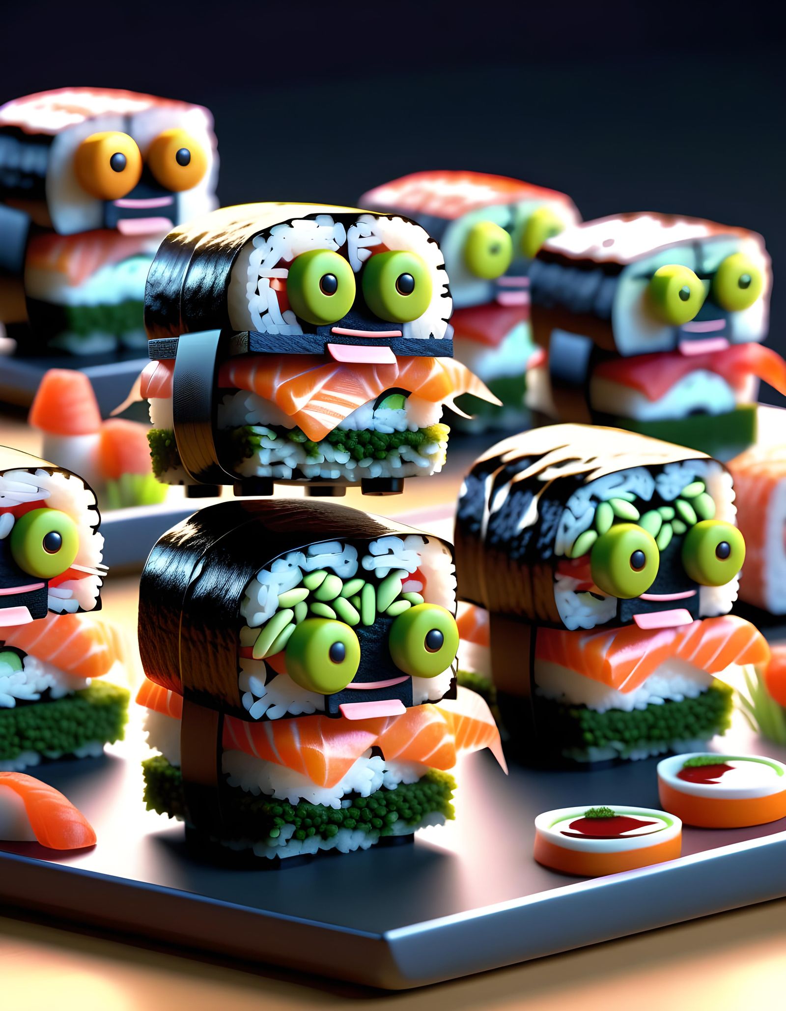 Sushi Robots in Sushi Landscape: Hyperrealistic Digital Art