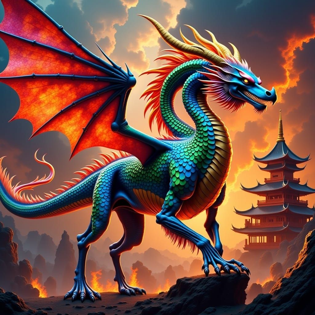 Dragon in Front of Pagoda, Fantasy Art