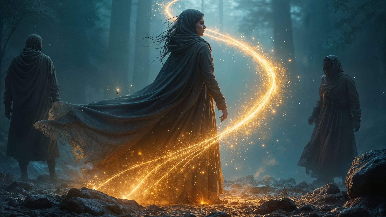 Strong Woman Illuminates Hope in a Dark Landscape