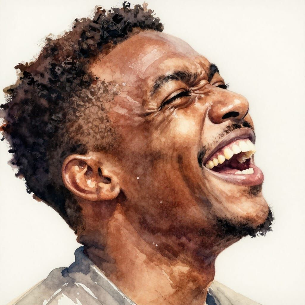 Joyful Laugh: Watercolor Portrait of a Young Black Man