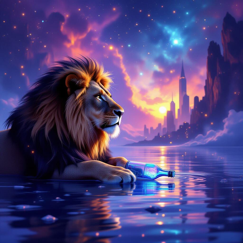 Lion Contemplating Alien City in Cosmic Nebula