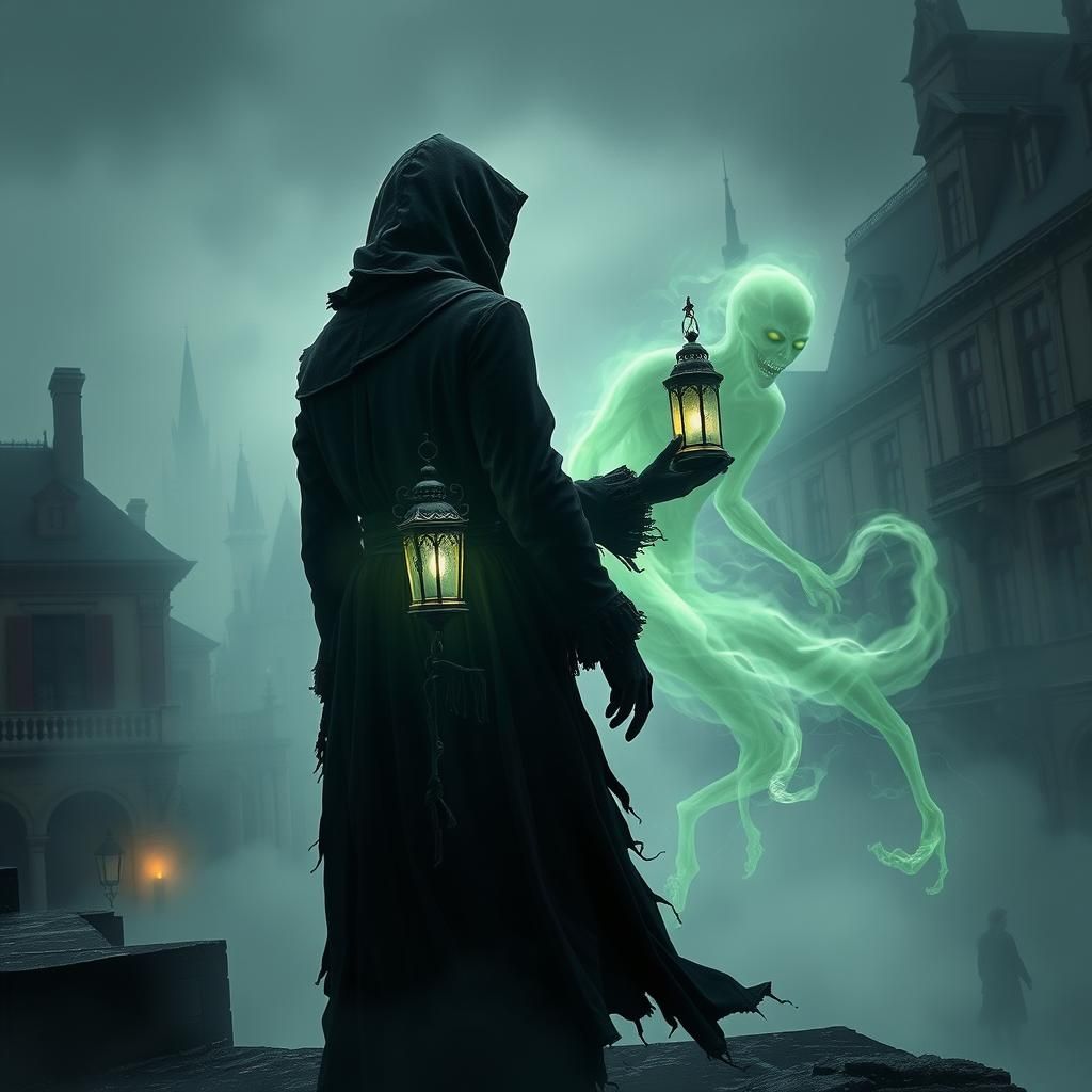 Hooded Figure Meets Ghost in Fog-Shrouded Cityscape