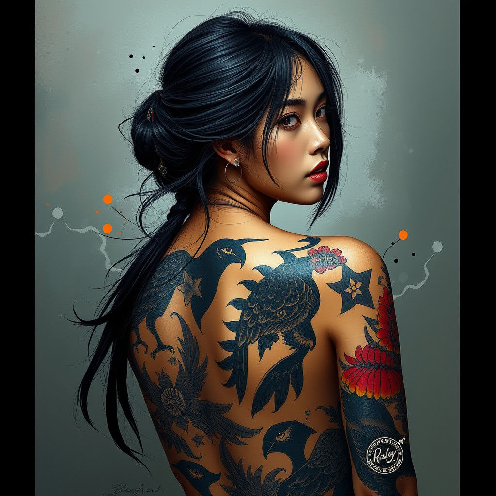 Indonesian Woman with Tiger Tattoo in Hyperrealistic Style