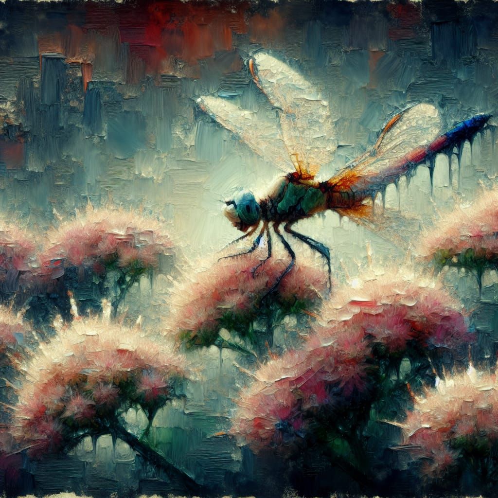 Luminescent Dragonfly on Sedum in Oil Painting Style