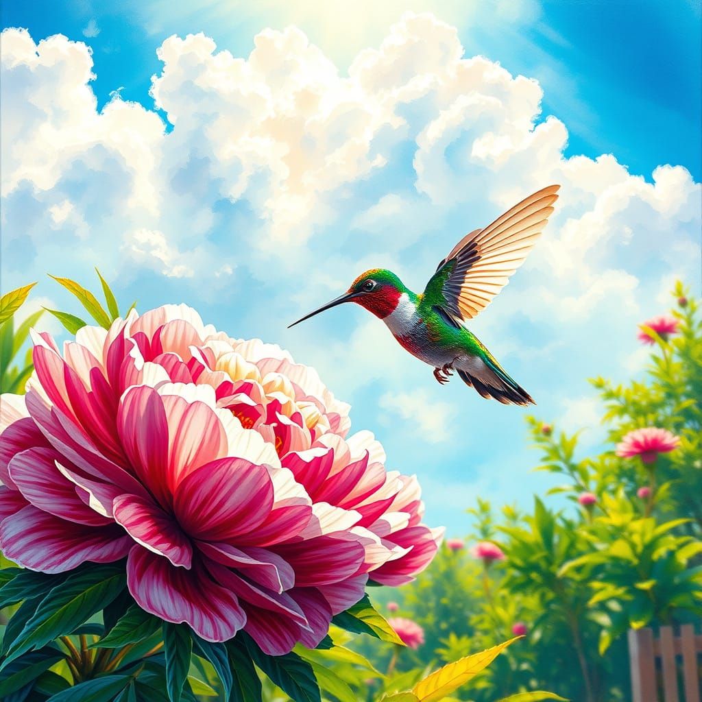 Hummingbird Over Lush Peony Bush in Impressionist Style