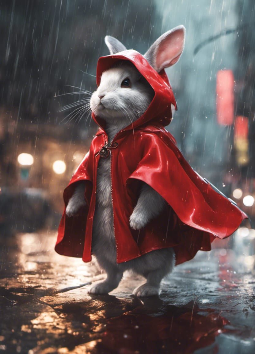 Cute small rabbit in superhero raincoat