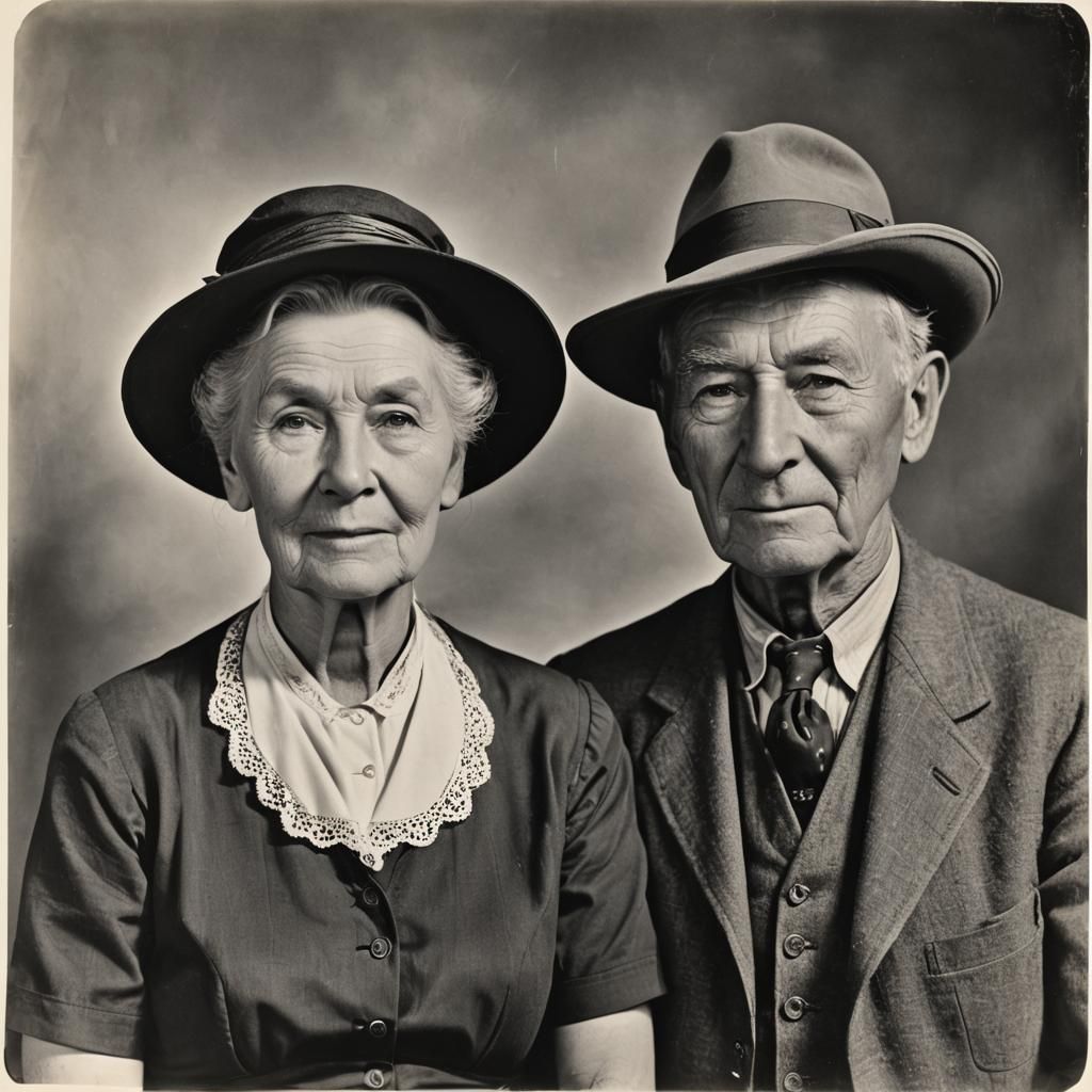 Black and white Portrait of the elder Ma and Pa Kettle