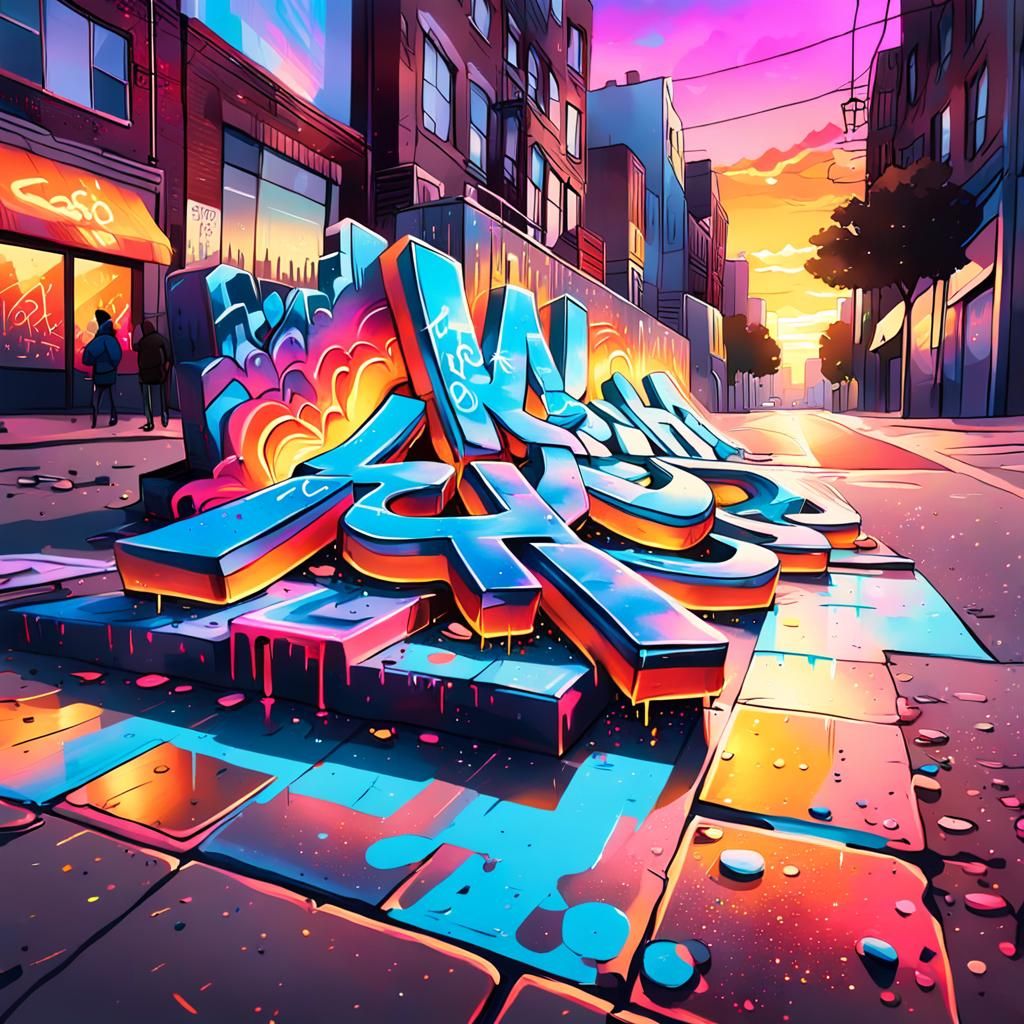 Metallic Graffiti Art on City Street at Dusk