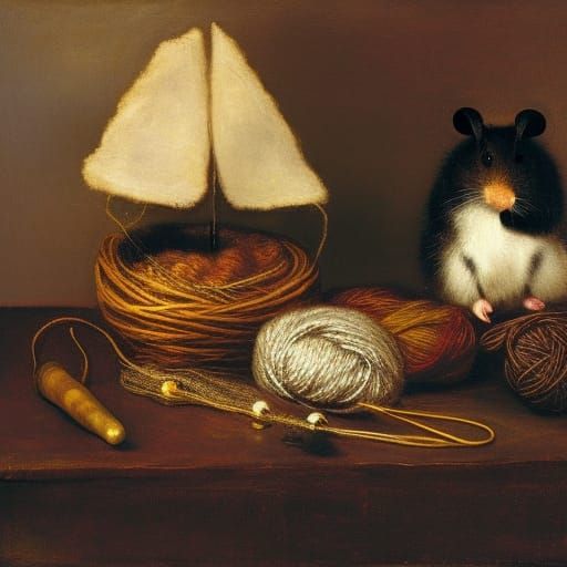 Mouse Knitting with Yarn: A Classical Art Fusion