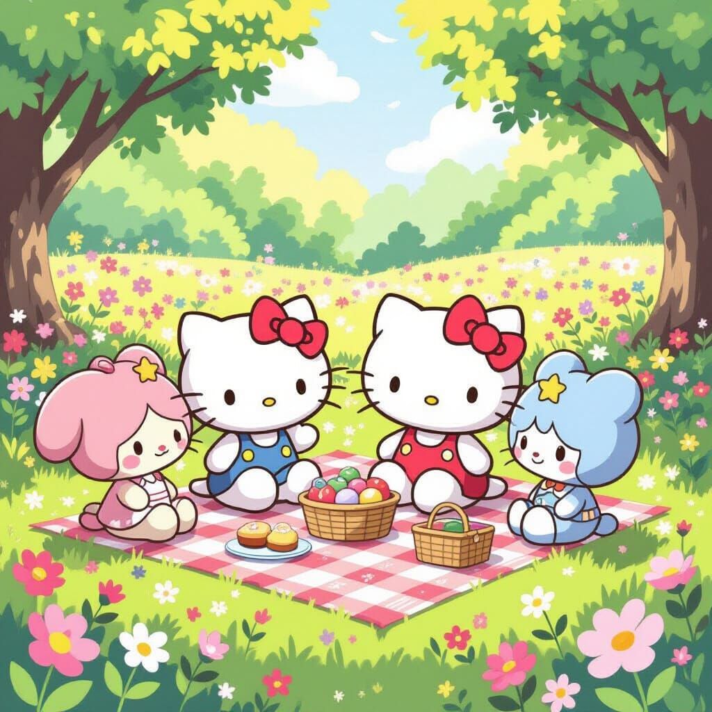 Hello Kitty Picnic in Blooming Meadow - Cute Manga Style