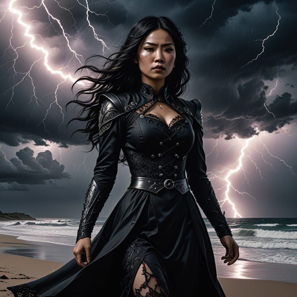 Goth Woman on Stormy Beach in Comic Book Style