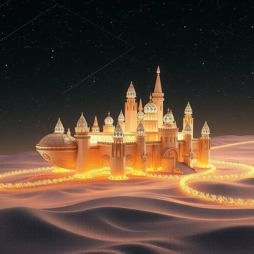 Crystal Sand Castle Spaceship in Cosmic Flight